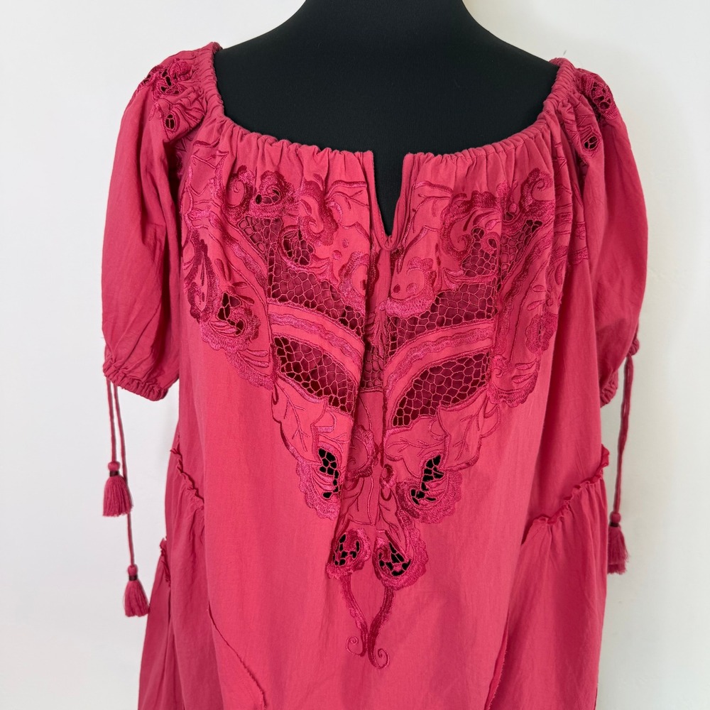 Free People Sunbeat Off-the-Shoulder Embroidered Tunic Mini Dress Pink M NWT - Picture 3 of 16